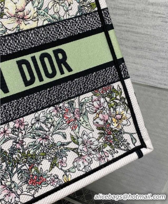 Pretty Style Dior Medium Book Tote Bag in Latte White Embroidery with Green Multicolor D-Floral Embroidery D7066 2025