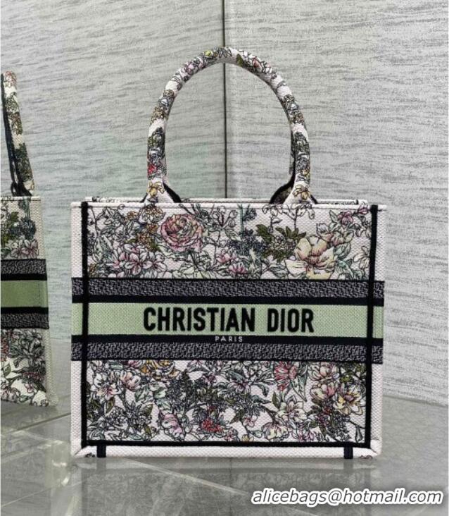 Shop Fashion Dior Small Book Tote Bag in Latte White Embroidery with Green Multicolor D-Floral Embroidery D7067 2025