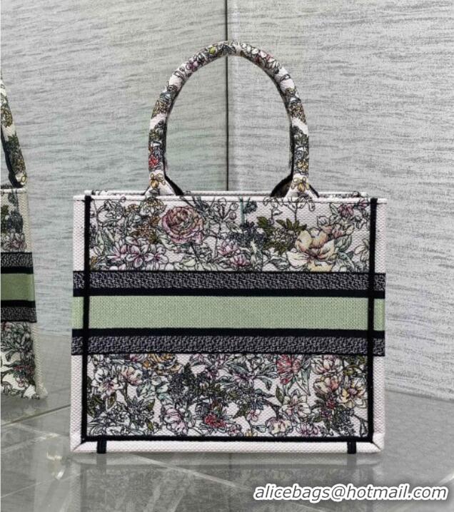 Shop Fashion Dior Small Book Tote Bag in Latte White Embroidery with Green Multicolor D-Floral Embroidery D7067 2025
