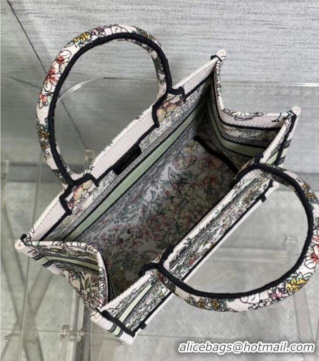 Shop Fashion Dior Small Book Tote Bag in Latte White Embroidery with Green Multicolor D-Floral Embroidery D7067 2025