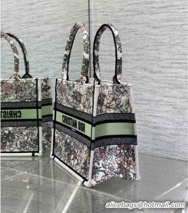Shop Fashion Dior Small Book Tote Bag in Latte White Embroidery with Green Multicolor D-Floral Embroidery D7067 2025