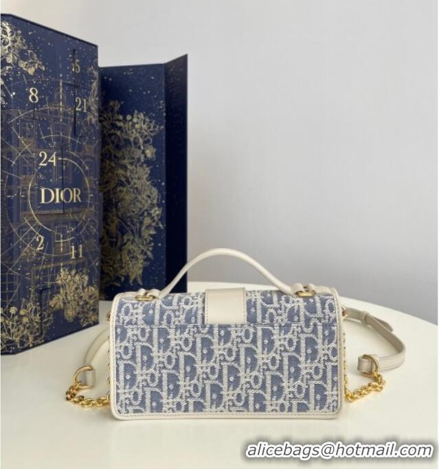 Grade Quality Dior Miss Montaigne Chain Mini Bag in Blue Oblique Chambray with Raffia Effect and White Calfskin D7078 20