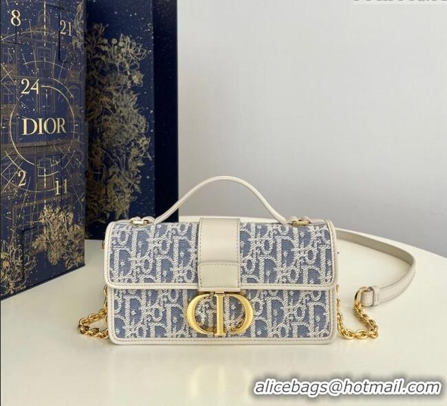 Grade Quality Dior Miss Montaigne Chain Mini Bag in Blue Oblique Chambray with Raffia Effect and White Calfskin D7078 20