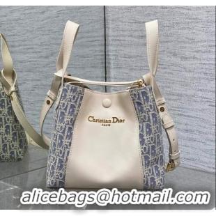 Best Price Dior Small Signature Bucket Bag in Blue Dior Oblique Chambray with Raffia Effect and White Calfskin D7075 202