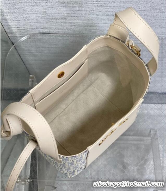Best Price Dior Small Signature Bucket Bag in Blue Dior Oblique Chambray with Raffia Effect and White Calfskin D7075 202