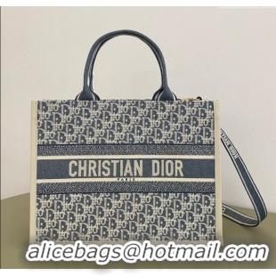 Best Grade Dior Medium Book Tote Bag in Blue Dior Oblique Chambray Embroidery and Latte White Calfskin D7076 2025