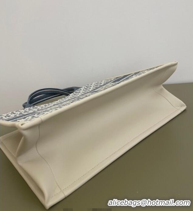 Best Grade Dior Medium Book Tote Bag in Blue Dior Oblique Chambray Embroidery and Latte White Calfskin D7076 2025