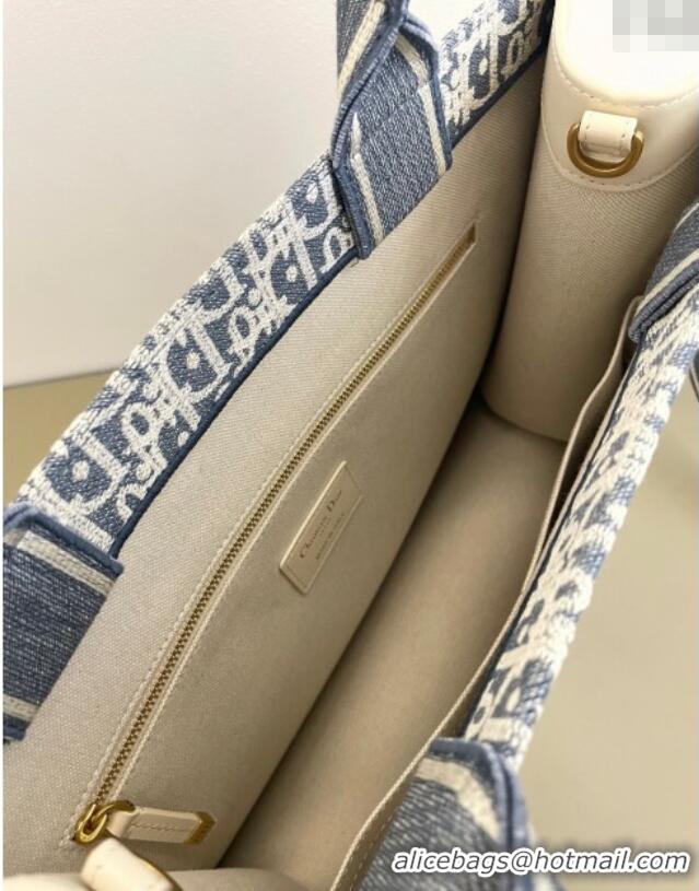 Best Grade Dior Medium Book Tote Bag in Blue Dior Oblique Chambray Embroidery and Latte White Calfskin D7076 2025