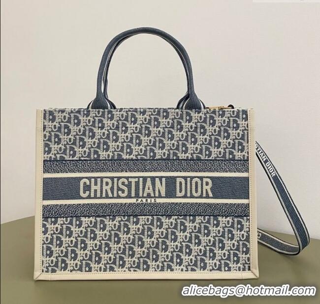 Best Grade Dior Medium Book Tote Bag in Blue Dior Oblique Chambray Embroidery and Latte White Calfskin D7076 2025
