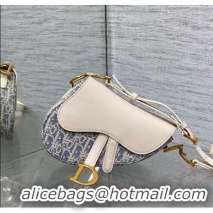 Buy Cheap Dior Mini Saddle Bag with Strap in Blue Dior Oblique Chambray with Raffia Effect and White Calfskin D7077 2025