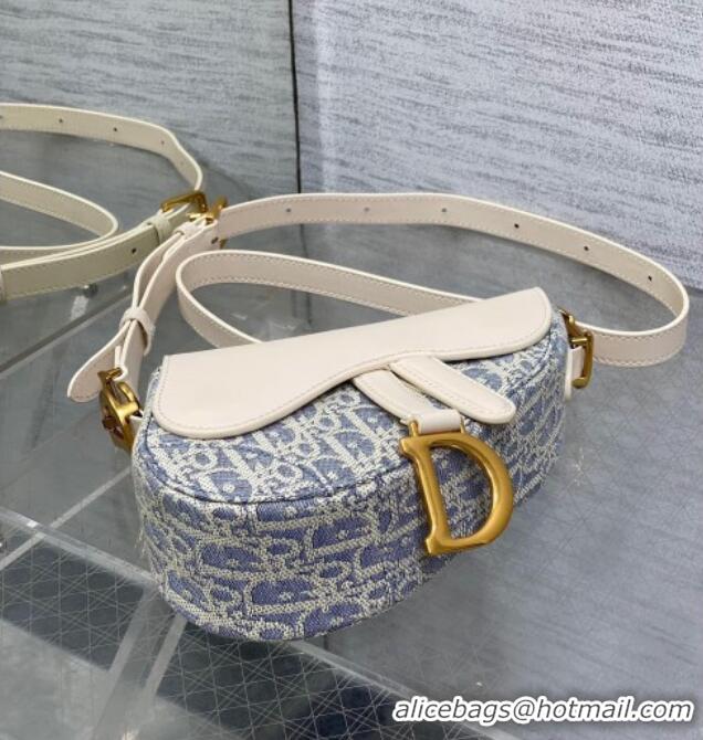 Buy Cheap Dior Mini Saddle Bag with Strap in Blue Dior Oblique Chambray with Raffia Effect and White Calfskin D7077 2025