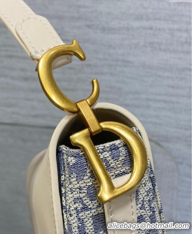 Buy Cheap Dior Mini Saddle Bag with Strap in Blue Dior Oblique Chambray with Raffia Effect and White Calfskin D7077 2025