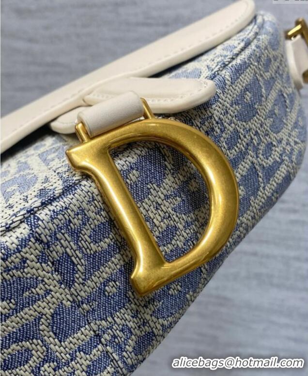 Buy Cheap Dior Mini Saddle Bag with Strap in Blue Dior Oblique Chambray with Raffia Effect and White Calfskin D7077 2025