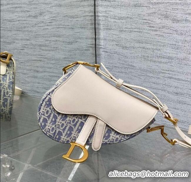 Buy Cheap Dior Mini Saddle Bag with Strap in Blue Dior Oblique Chambray with Raffia Effect and White Calfskin D7077 2025