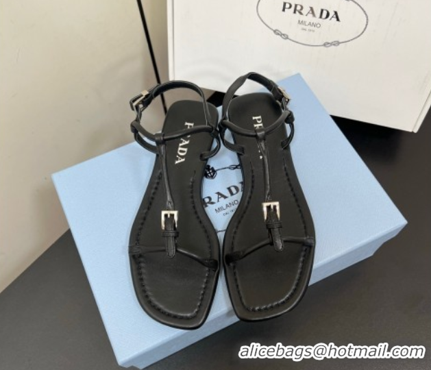 Best Product Prada Leather flat sandals with buckle Black 2025 1Y503N