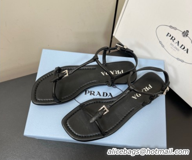 Best Product Prada Leather flat sandals with buckle Black 2025 1Y503N