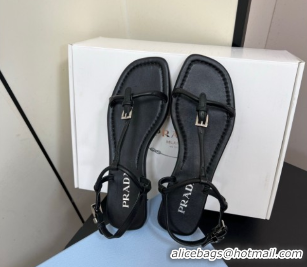 Best Product Prada Leather flat sandals with buckle Black 2025 1Y503N