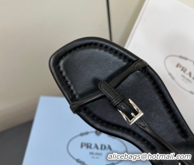 Best Product Prada Leather flat sandals with buckle Black 2025 1Y503N
