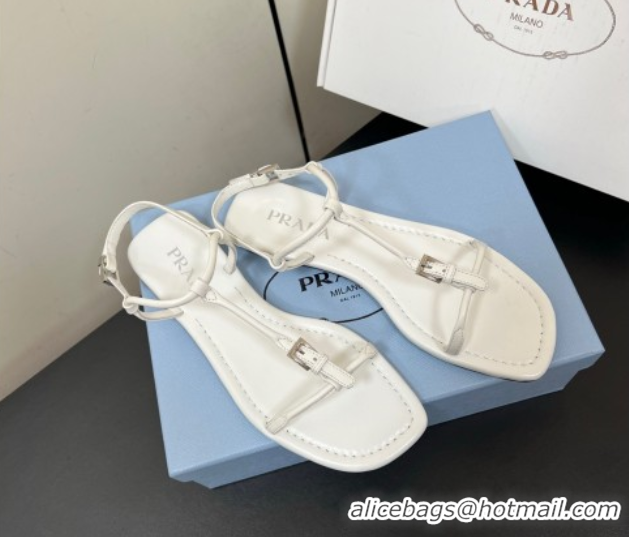 Shop Duplicate Prada Leather flat sandals with buckle White 2025 1Y503N