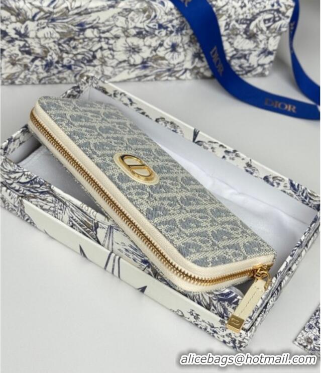 Super Quality Dior 30 Montaigne Voyageur Slim Wallet in Blue Dior Oblique Chambray with Raffia Effect and White Smooth C