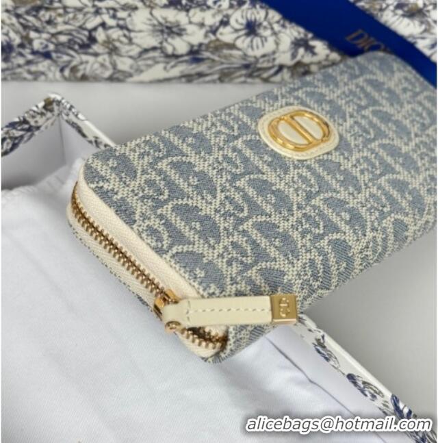Super Quality Dior 30 Montaigne Voyageur Slim Wallet in Blue Dior Oblique Chambray with Raffia Effect and White Smooth C