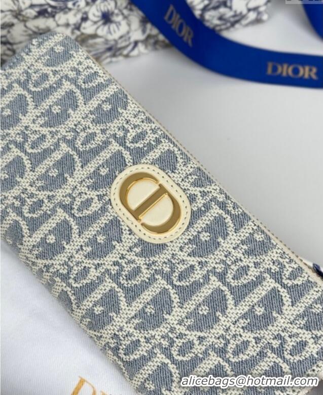 Super Quality Dior 30 Montaigne Voyageur Slim Wallet in Blue Dior Oblique Chambray with Raffia Effect and White Smooth C