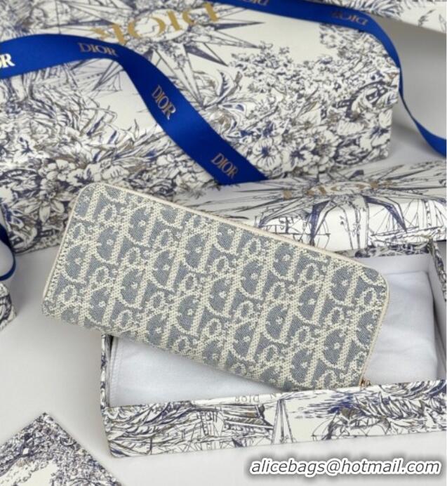 Super Quality Dior 30 Montaigne Voyageur Slim Wallet in Blue Dior Oblique Chambray with Raffia Effect and White Smooth C