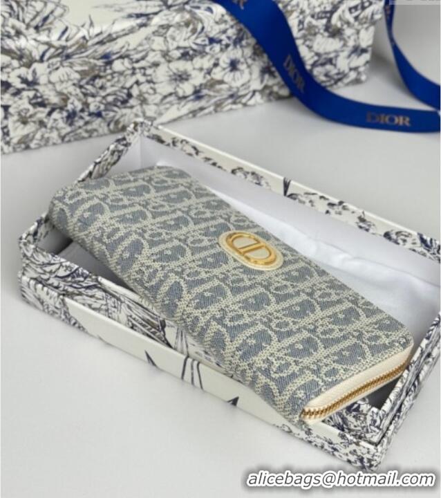 Super Quality Dior 30 Montaigne Voyageur Slim Wallet in Blue Dior Oblique Chambray with Raffia Effect and White Smooth C
