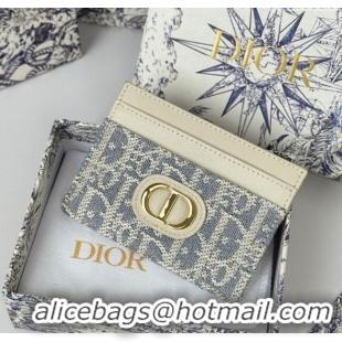 Discount Dior 30 Montaigne Freesia Card Holder in Blue Oblique Chambray with Raffia Effect and White Smooth Calfskin D70