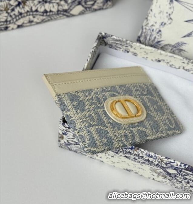 Discount Dior 30 Montaigne Freesia Card Holder in Blue Oblique Chambray with Raffia Effect and White Smooth Calfskin D70