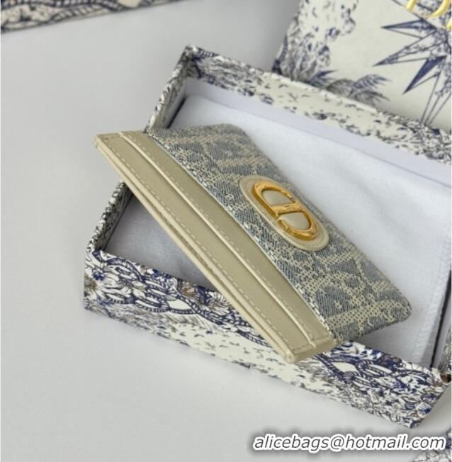 Discount Dior 30 Montaigne Freesia Card Holder in Blue Oblique Chambray with Raffia Effect and White Smooth Calfskin D70