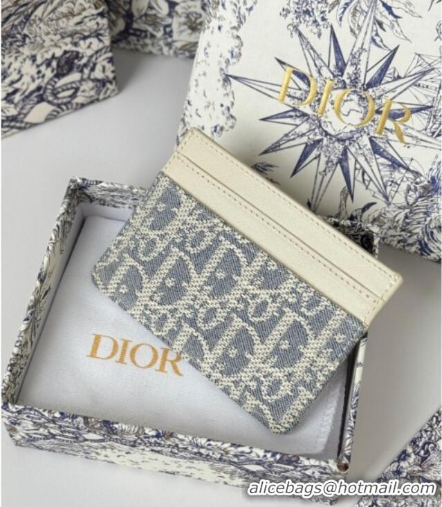 Discount Dior 30 Montaigne Freesia Card Holder in Blue Oblique Chambray with Raffia Effect and White Smooth Calfskin D70