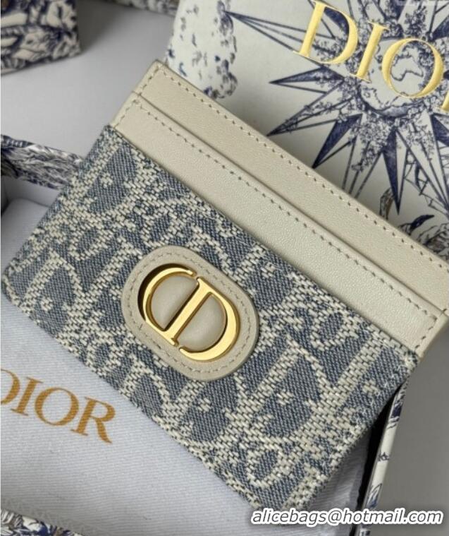 Discount Dior 30 Montaigne Freesia Card Holder in Blue Oblique Chambray with Raffia Effect and White Smooth Calfskin D70