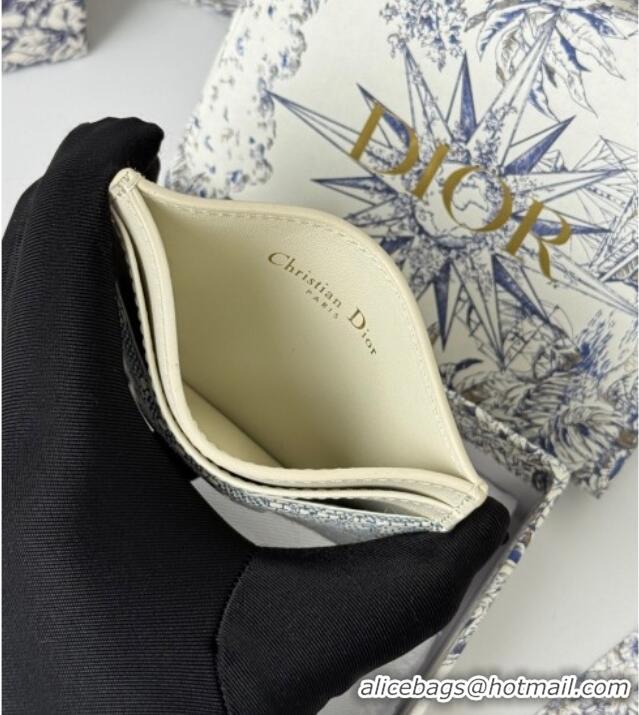 Discount Dior 30 Montaigne Freesia Card Holder in Blue Oblique Chambray with Raffia Effect and White Smooth Calfskin D70