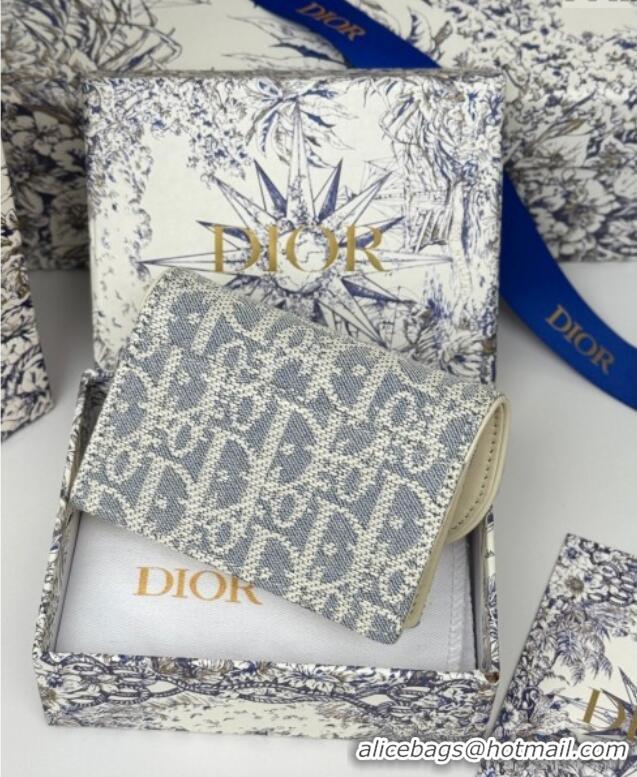 Promotional Dior Saddle Bloom Card Holder in Blue Dior Oblique Chambray with Raffia Effect and White Smooth Calfskin D70