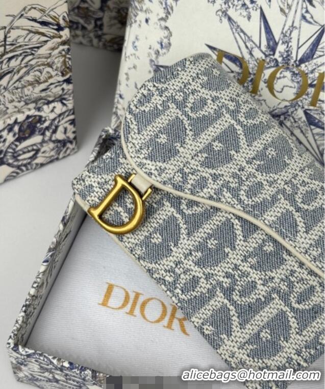 Promotional Dior Saddle Bloom Card Holder in Blue Dior Oblique Chambray with Raffia Effect and White Smooth Calfskin D70