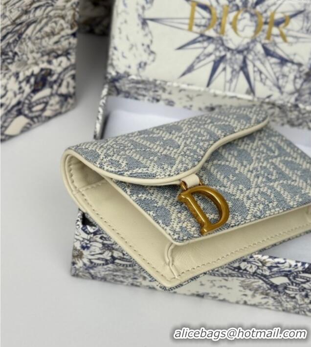 Promotional Dior Saddle Bloom Card Holder in Blue Dior Oblique Chambray with Raffia Effect and White Smooth Calfskin D70