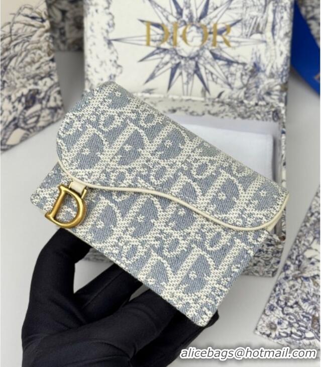 Promotional Dior Saddle Bloom Card Holder in Blue Dior Oblique Chambray with Raffia Effect and White Smooth Calfskin D70