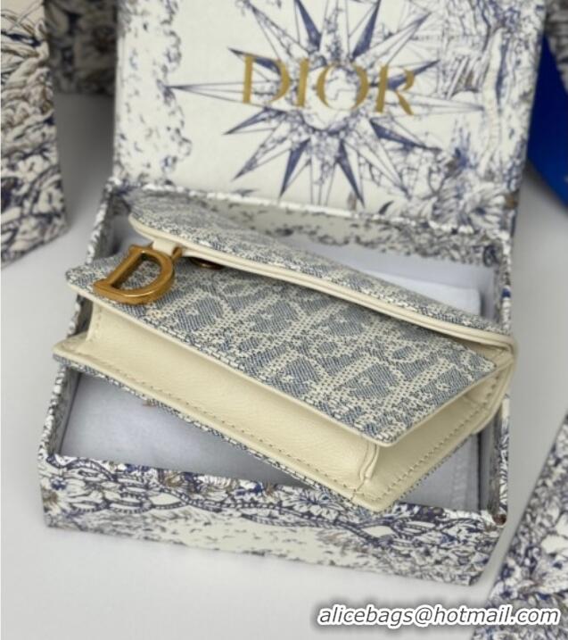 Promotional Dior Saddle Bloom Card Holder in Blue Dior Oblique Chambray with Raffia Effect and White Smooth Calfskin D70