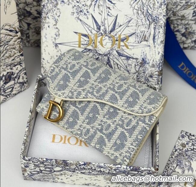 Promotional Dior Saddle Bloom Card Holder in Blue Dior Oblique Chambray with Raffia Effect and White Smooth Calfskin D70