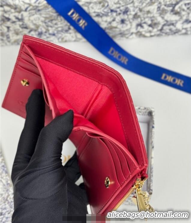 Luxury Cheap Dior Lady Dior Dahlia Wallet in Cannage Lambskin D7090 Red 2025