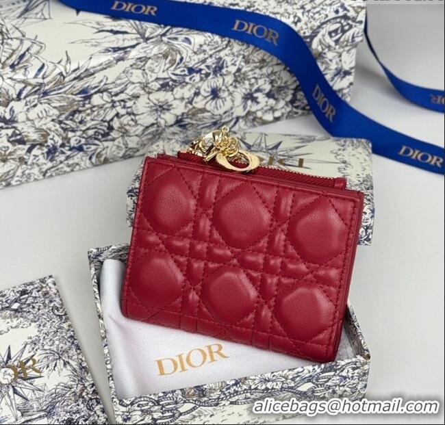 Luxury Cheap Dior Lady Dior Dahlia Wallet in Cannage Lambskin D7090 Red 2025