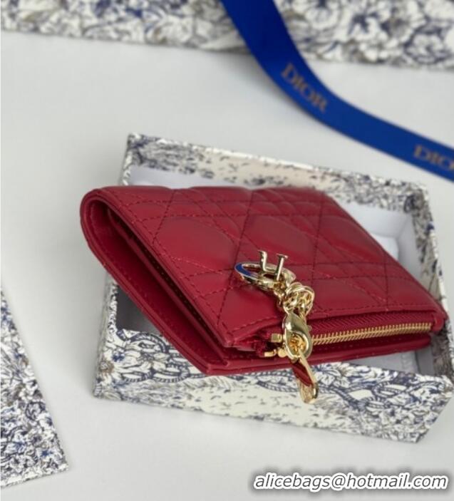 Luxury Cheap Dior Lady Dior Dahlia Wallet in Cannage Lambskin D7090 Red 2025