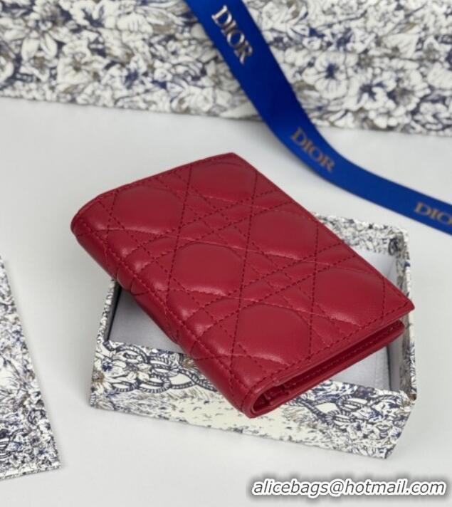 Luxury Cheap Dior Lady Dior Dahlia Wallet in Cannage Lambskin D7090 Red 2025