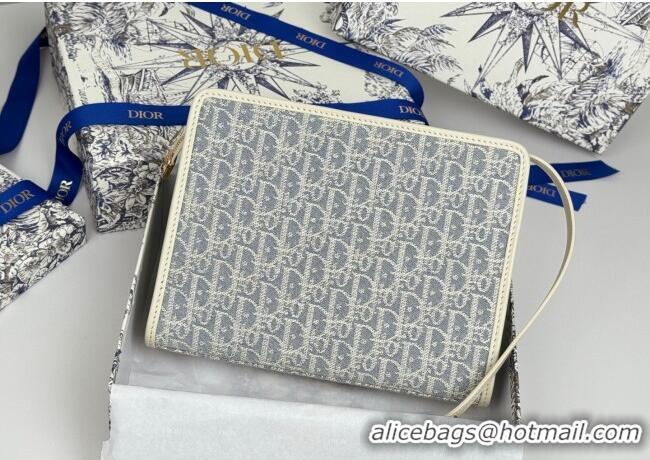 Top Quality Dior 30 Montaigne Dea Pouch in Blue Dior Oblique Chambray with Raffia Effect and White Smooth Calfskin D7096