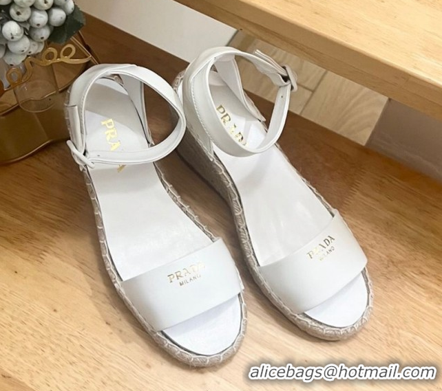 Best Grade Prada Leather Wedge Espadrille Sandals 8cm White 2025 PR060306