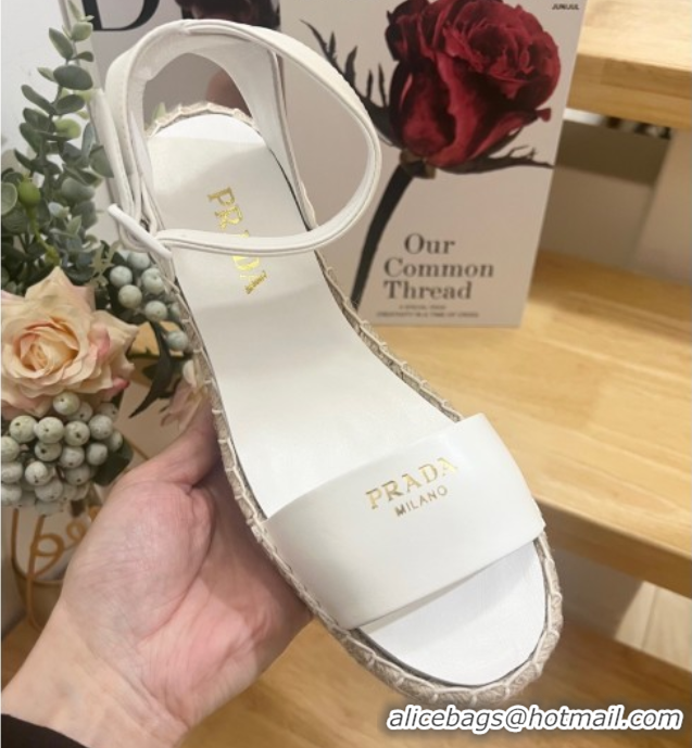 Best Grade Prada Leather Wedge Espadrille Sandals 8cm White 2025 PR060306