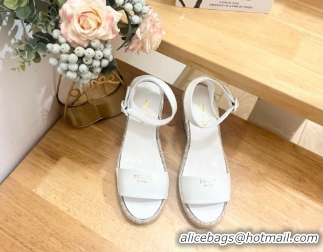 Best Grade Prada Leather Wedge Espadrille Sandals 8cm White 2025 PR060306