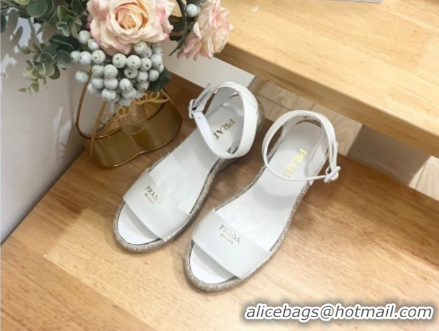 Best Grade Prada Leather Wedge Espadrille Sandals 8cm White 2025 PR060306