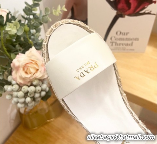 Best Grade Prada Leather Wedge Espadrille Sandals 8cm White 2025 PR060306